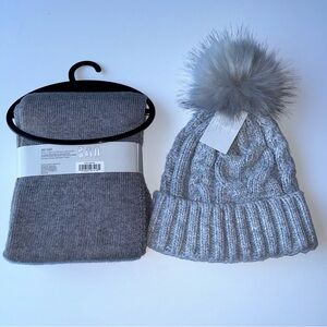 Elegant Gray Knit Hat and Scarf Set with Pom-Pom